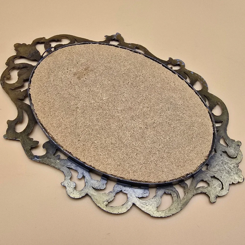 Vintage Made in Italy Ornate Metal Oval Frame Portrait Print Girl Flower Basket